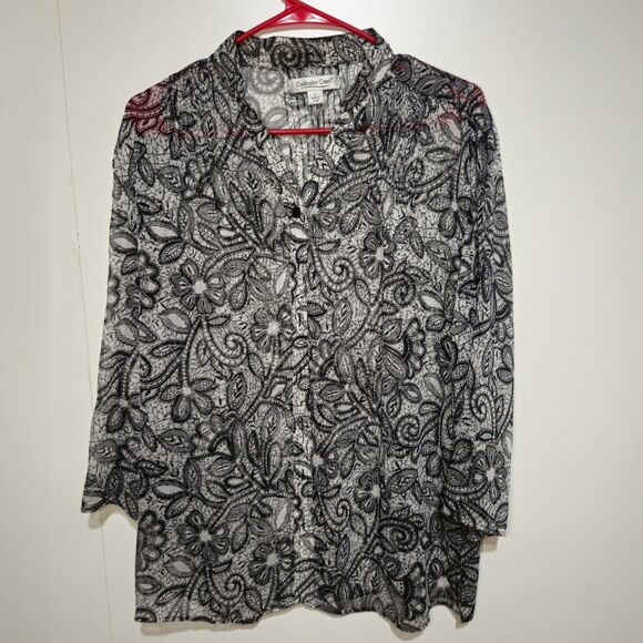 Coldwater Creek Tops - Coldwater Creek Sheer Floral Blouse Black White 3/4 Roll Tab Sleeve L Top Large